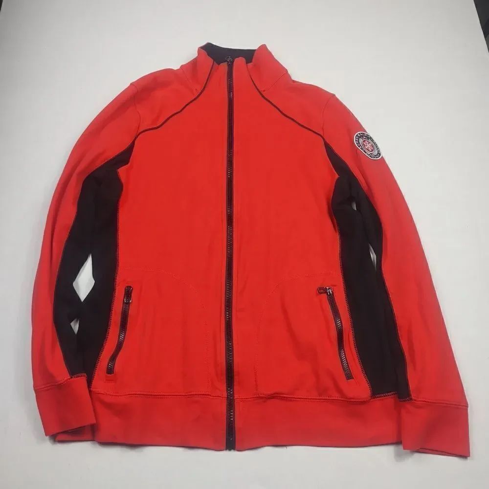 Lauren Ralph Lauren Womens Track Jacket Red Black Full Zip Up Mock Neck MEDIUM